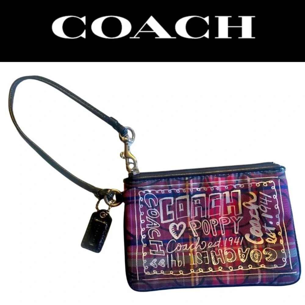 COACH Poppy Tartan Plaid Multicolor Glam Glitter Wristlet w/Bag Charm, EUC
